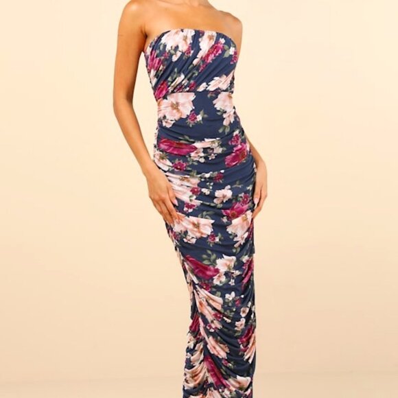 Lulus Averie Navy Floral Mesh Strapless Maxi Dress Blue - Size S - Picture 1 of 7